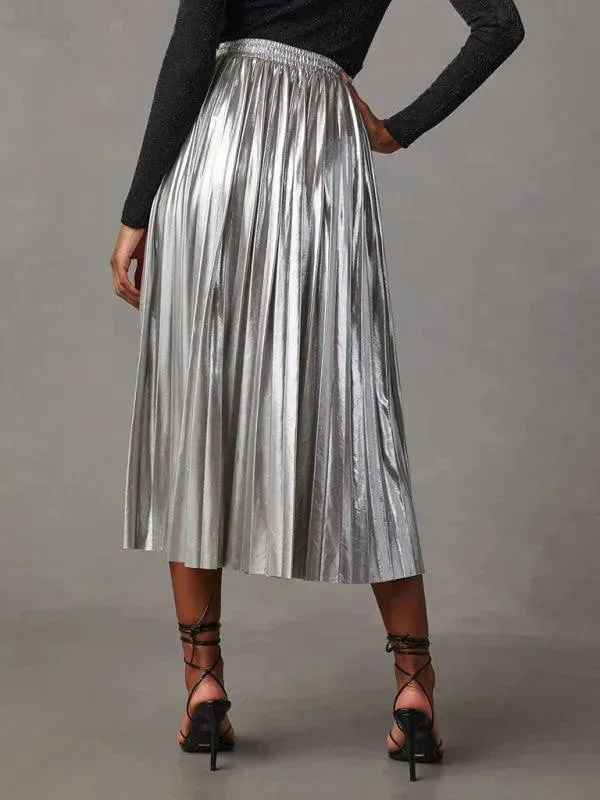 Shiny Pleated High-waisted A-line Plisse Skirt