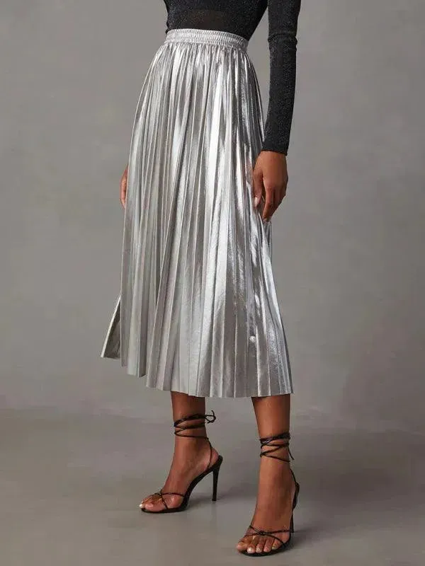 Shiny Pleated High-waisted A-line Plisse Skirt