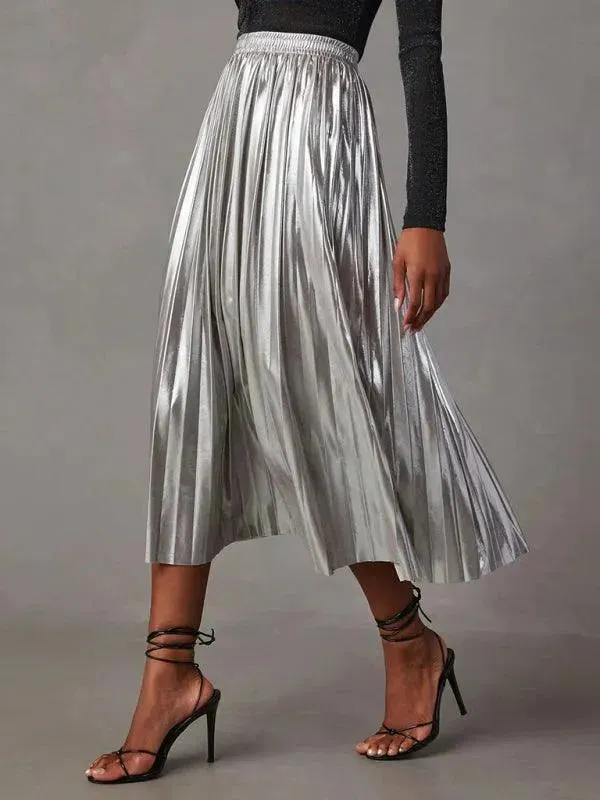 Shiny Pleated High-waisted A-line Plisse Skirt
