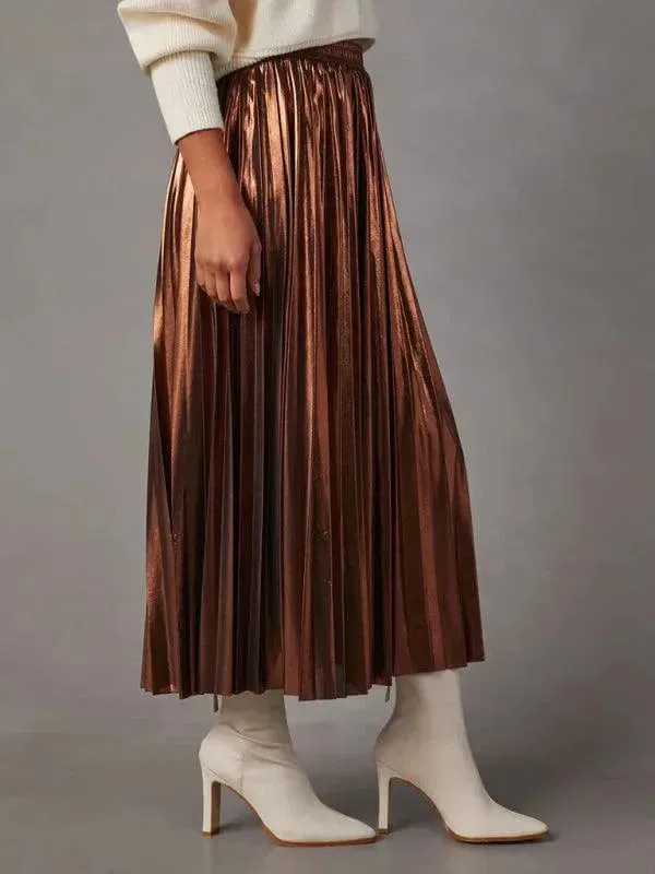 Shiny Pleated High-waisted A-line Plisse Skirt