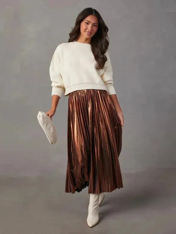 Shiny Pleated High-waisted A-line Plisse Skirt