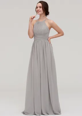 Silver Hanging Neck Sleeveless Maxi Bridesmaid Dress