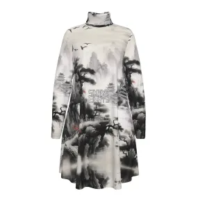 Sixty Eight 93 Logo White & Black Women's High Neck Long Sleeve Dress #18