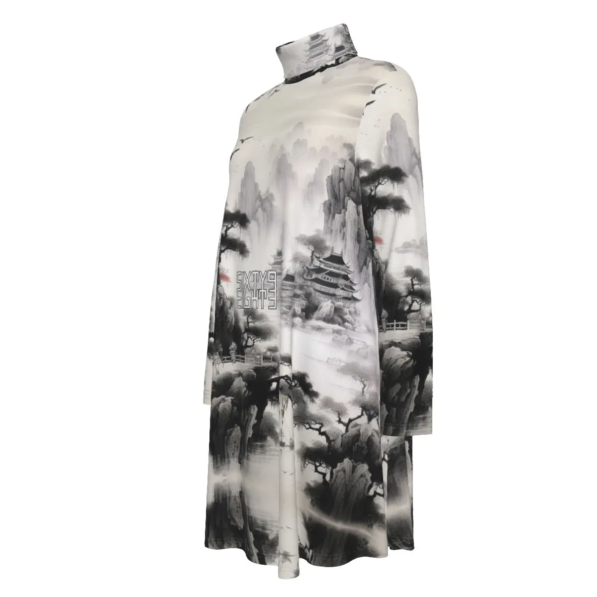 Sixty Eight 93 Logo White & Black Women's High Neck Long Sleeve Dress #18