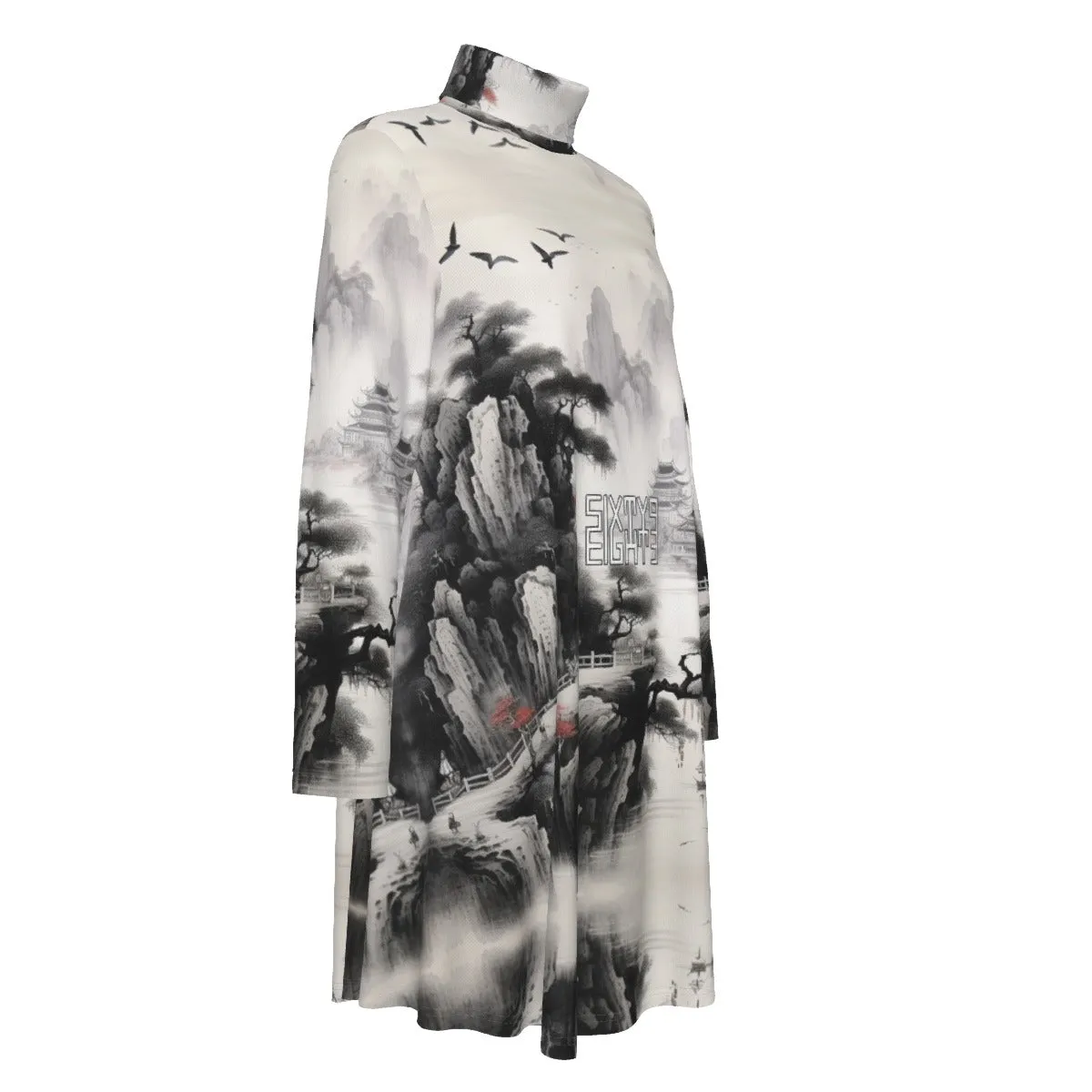 Sixty Eight 93 Logo White & Black Women's High Neck Long Sleeve Dress #18