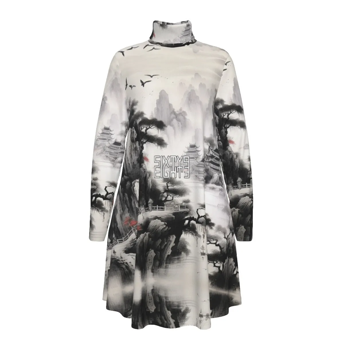 Sixty Eight 93 Logo White & Black Women's High Neck Long Sleeve Dress #18