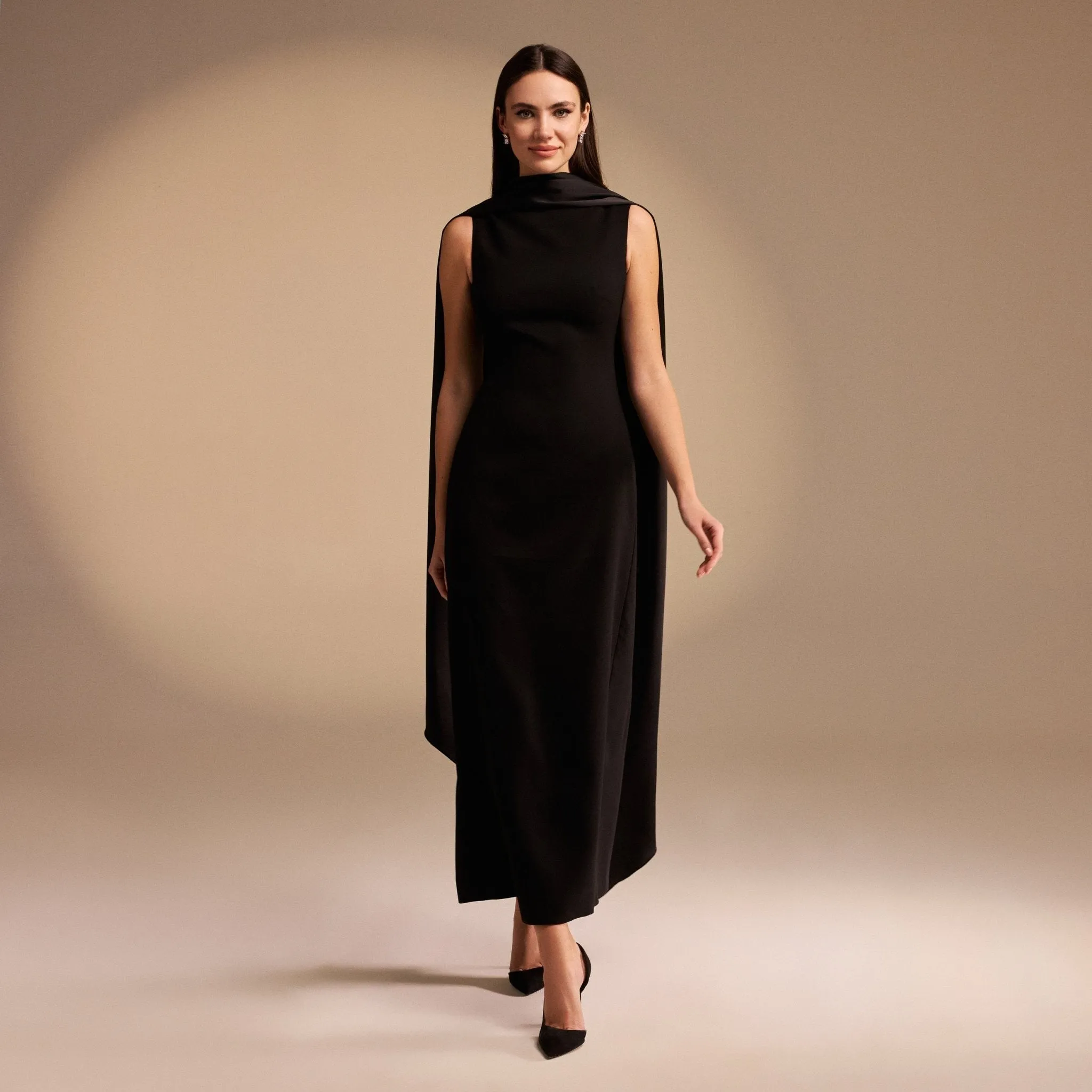 Sleeveless Crepe Maxi Dress With Scarf