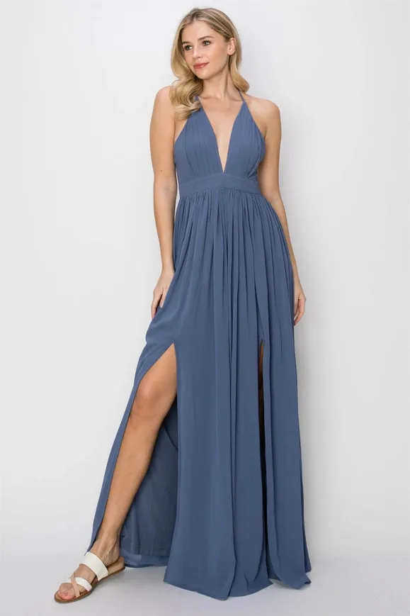 SLEEVELESS Double Strap Slit Maxi Dress MIDNIGHT BLUE