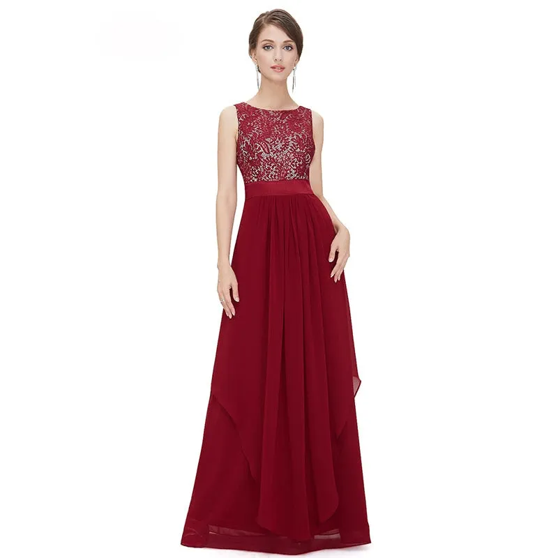 Sleeveless High Waist Lace Long Chiffon Dress