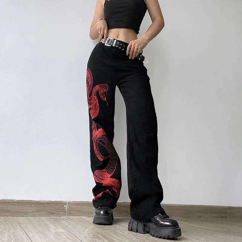 Snake/Dragon Print Loose Fit Jeans
