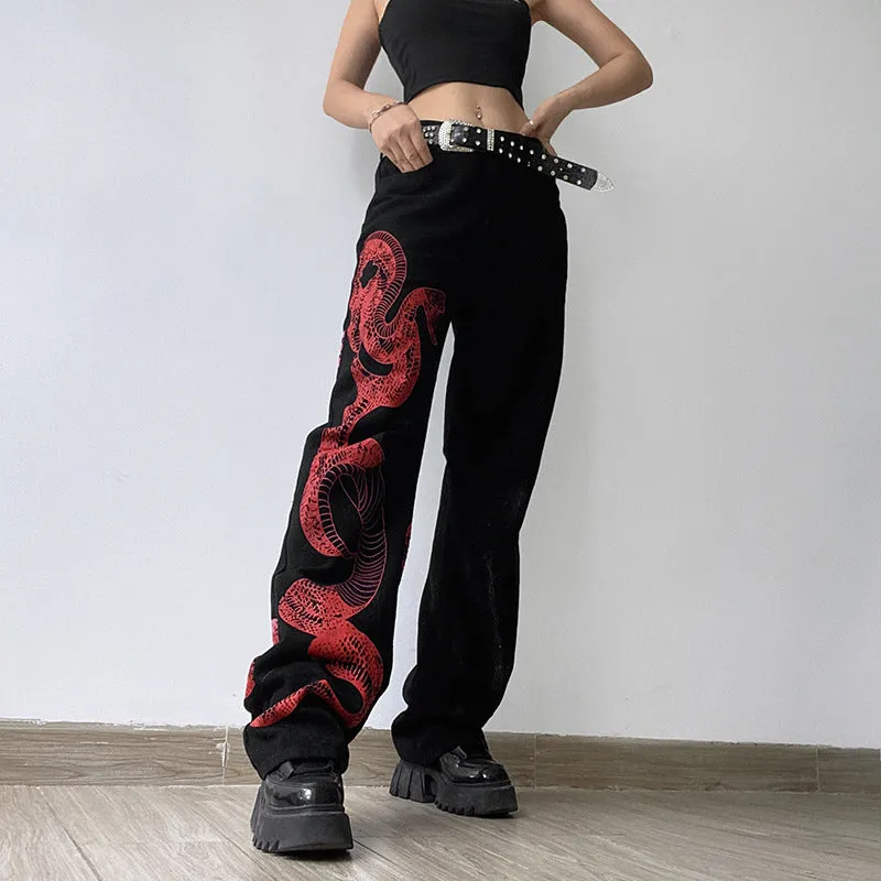 Snake/Dragon Print Loose Fit Jeans