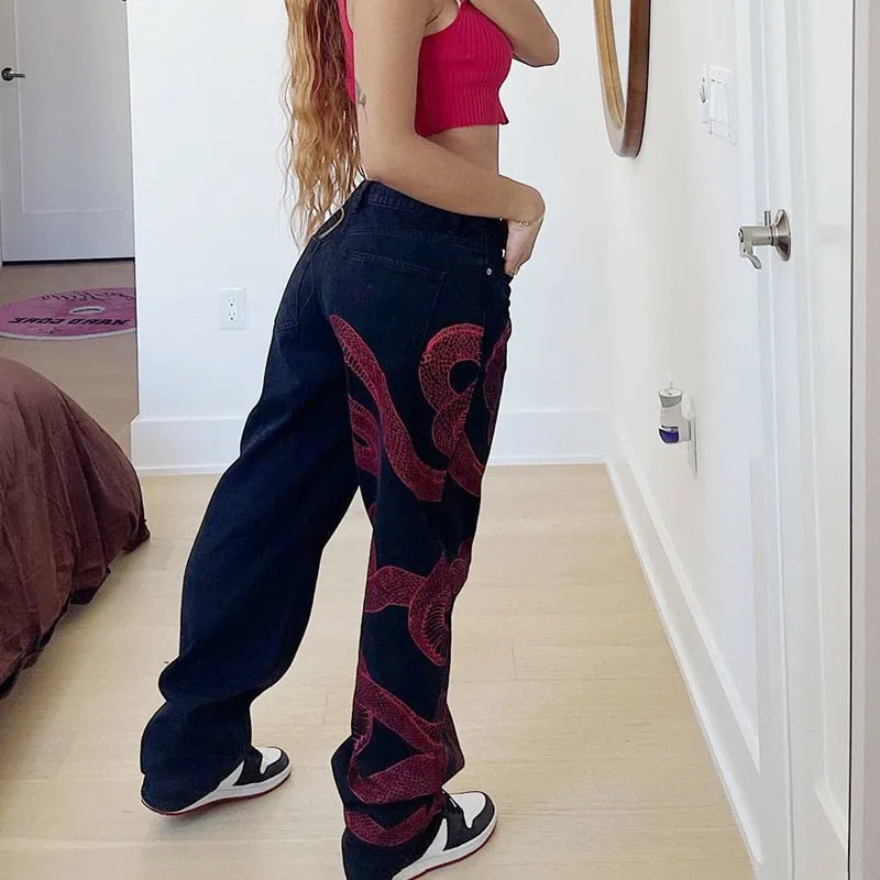 Snake/Dragon Print Loose Fit Jeans