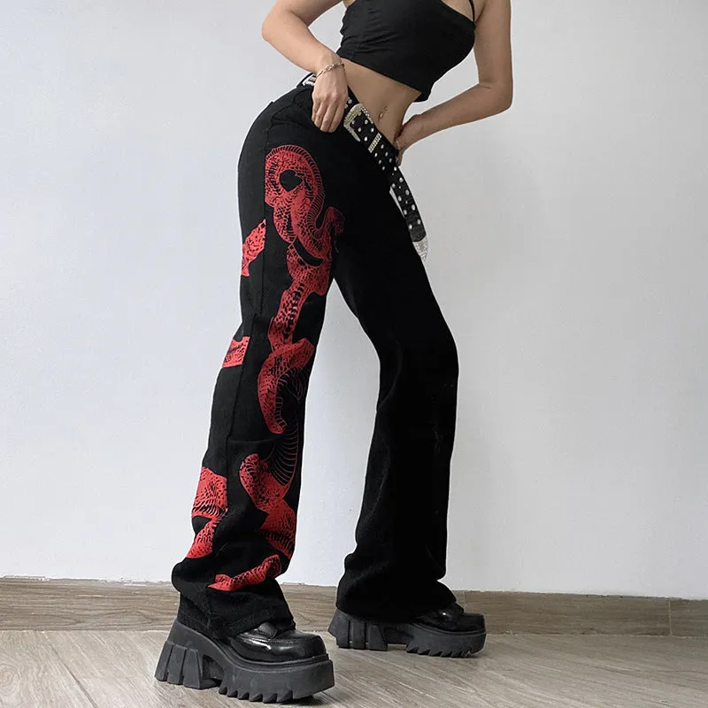 Snake/Dragon Print Loose Fit Jeans