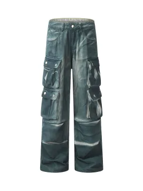 Sneakerhill Gradient Dip Dye Wash Multi-Pocket Cargo Jeans