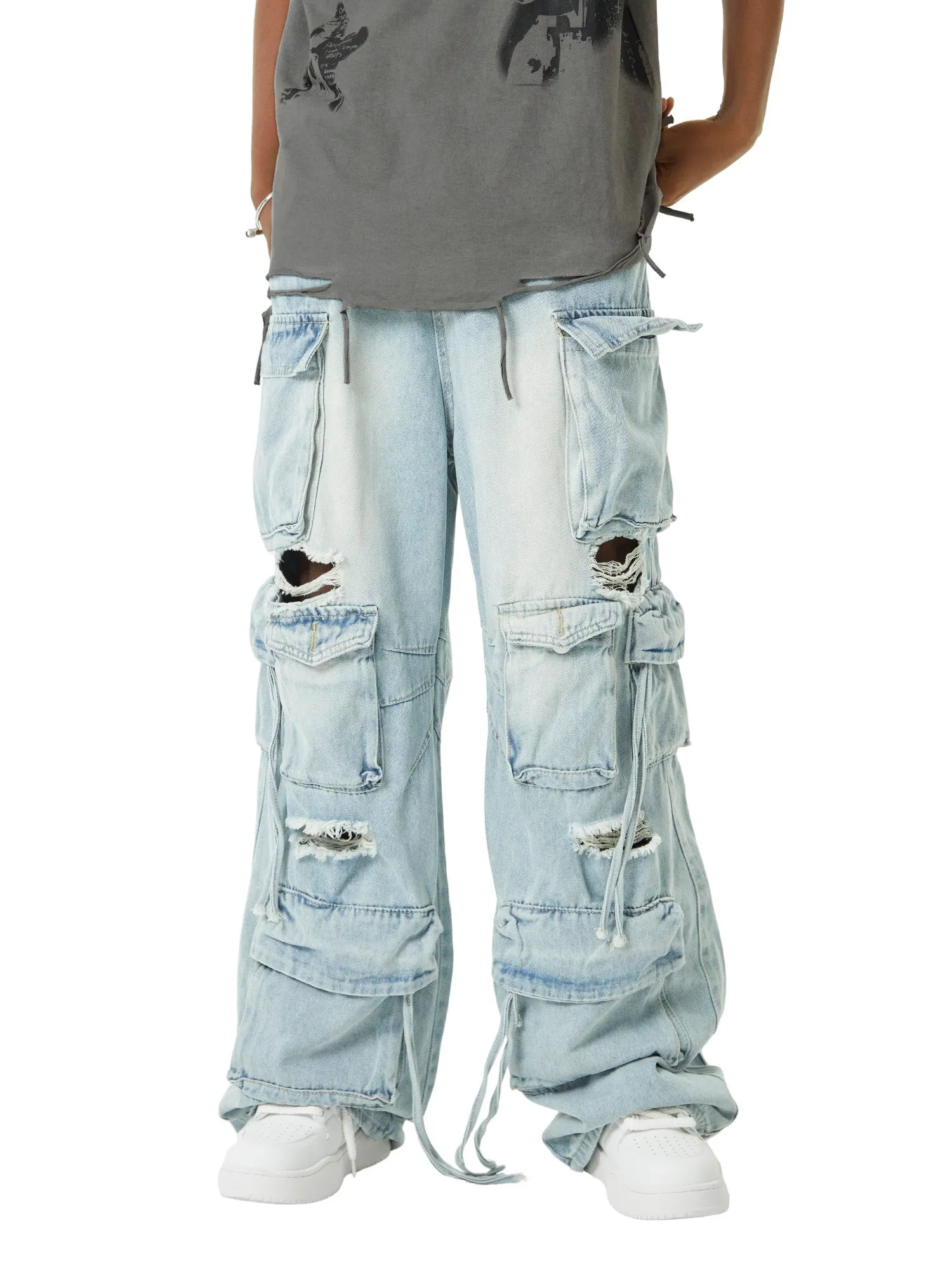 Sneakerhill Washed Multi-pocket Work Cargo Jeans - 1830