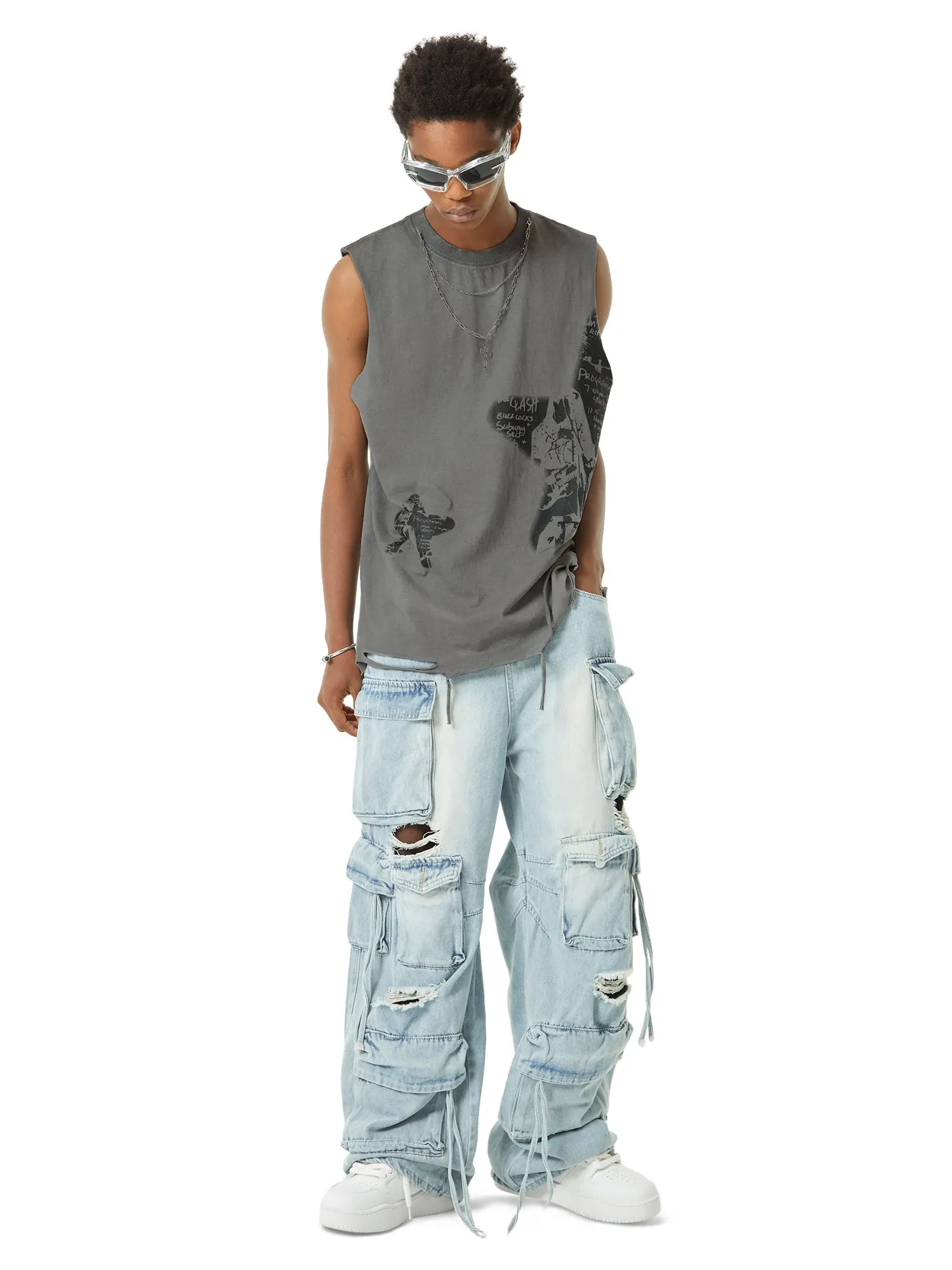 Sneakerhill Washed Multi-pocket Work Cargo Jeans - 1830