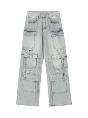 Sneakerhill Washed Multi-pocket Work Cargo Jeans - 1830