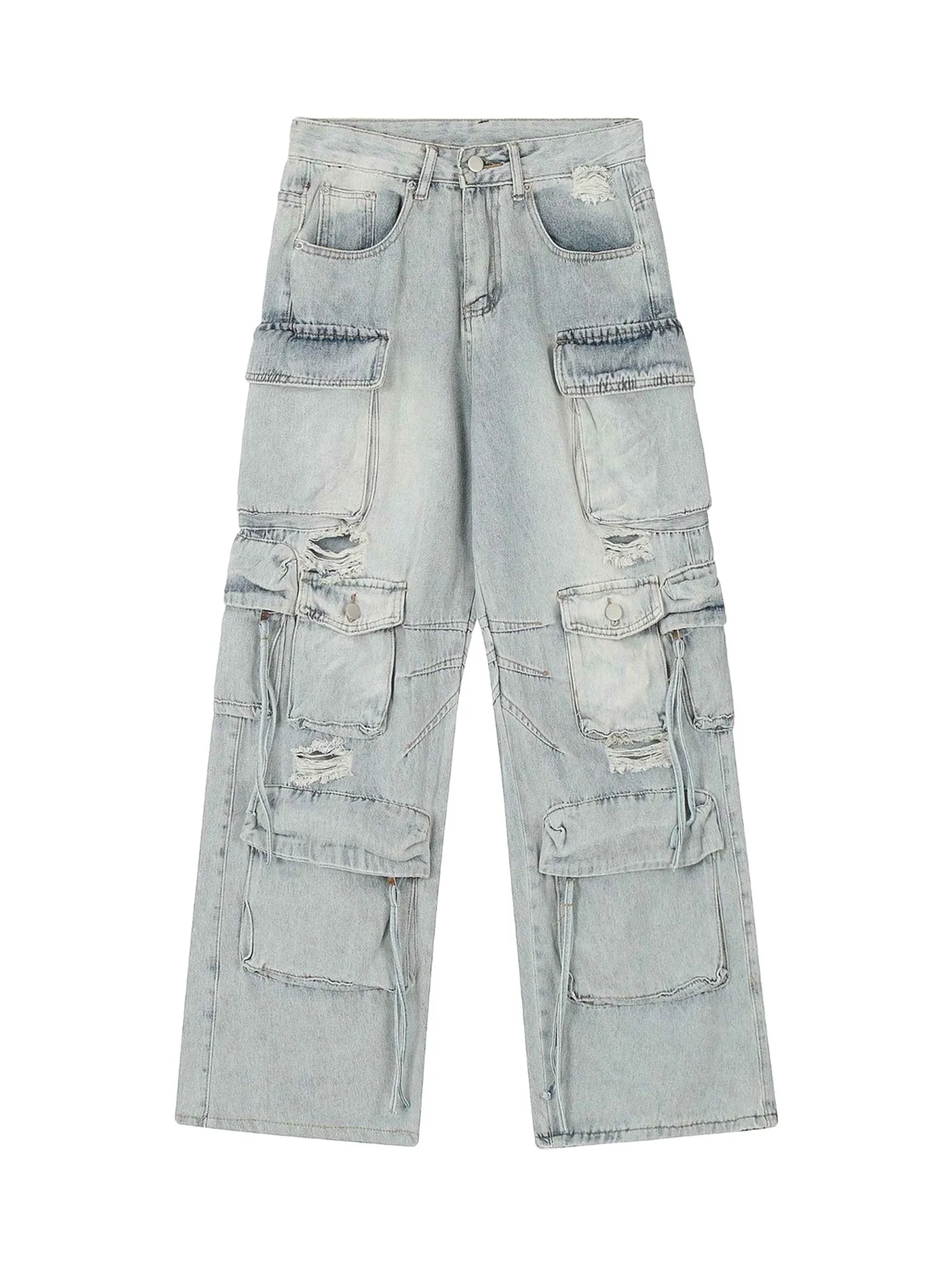 Sneakerhill Washed Multi-pocket Work Cargo Jeans - 1830