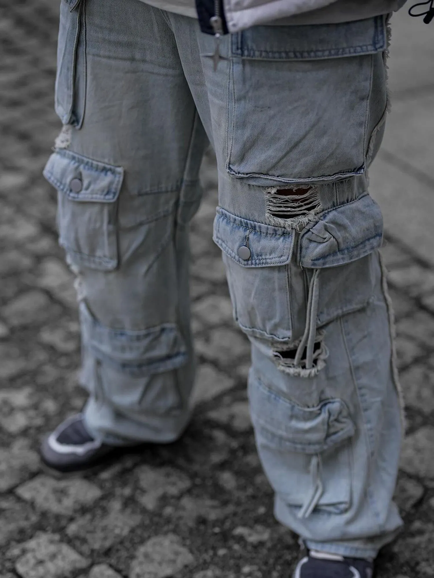 Sneakerhill Washed Multi-pocket Work Cargo Jeans - 1830