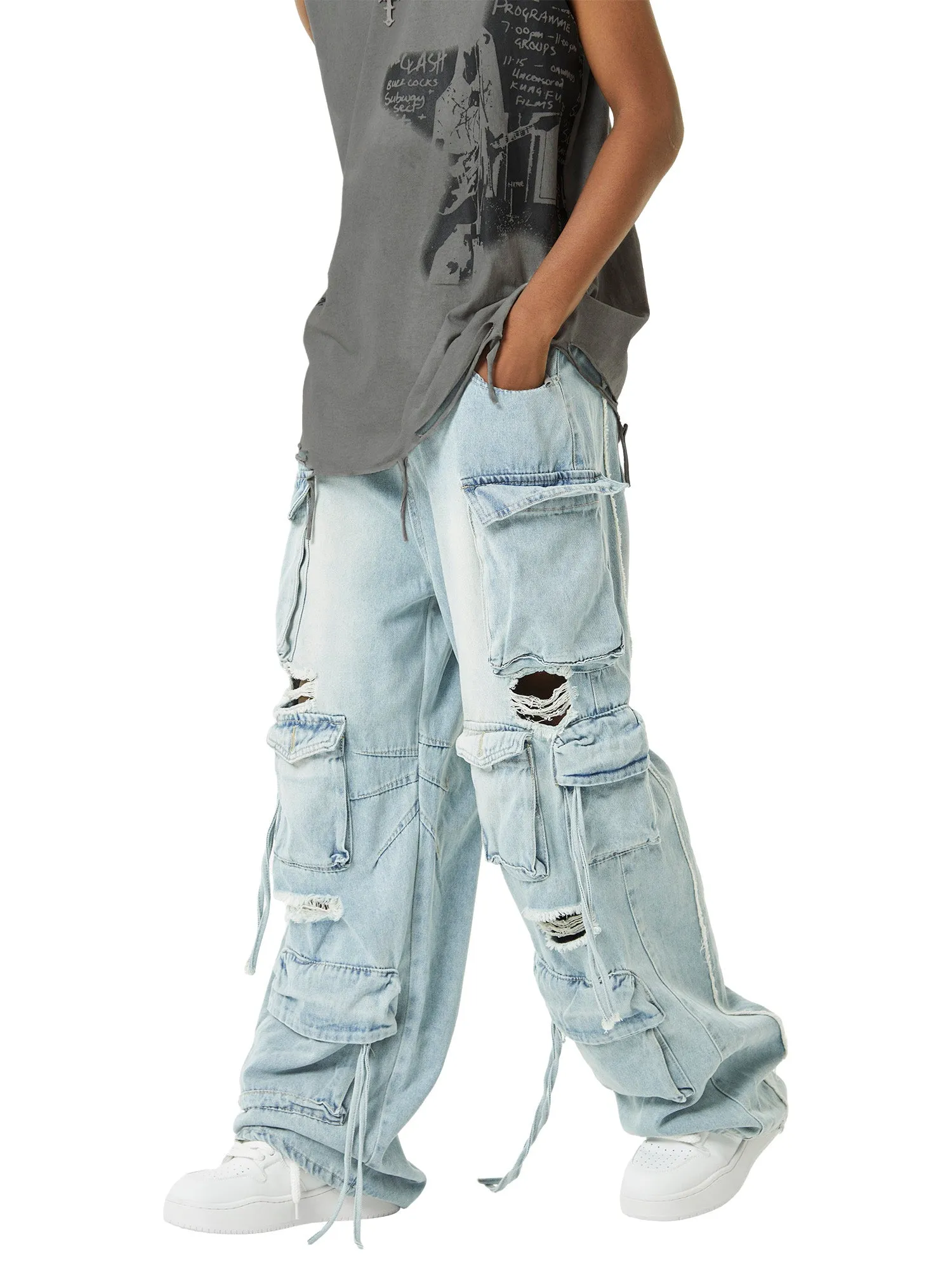 Sneakerhill Washed Multi-pocket Work Cargo Jeans - 1830
