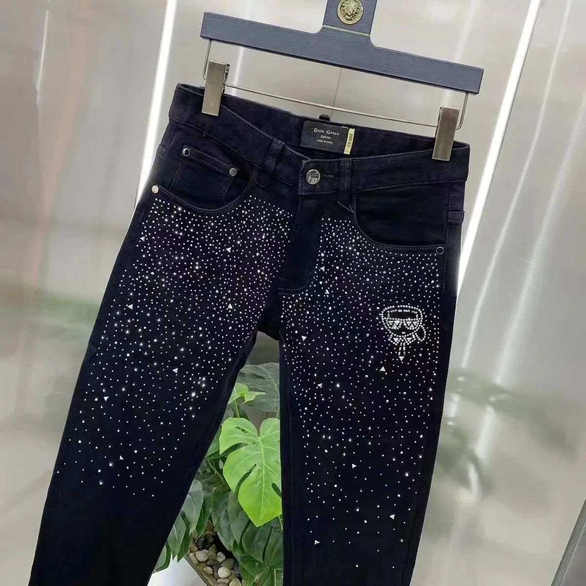 Solid Black Rhinestone Slim Fit Jeans