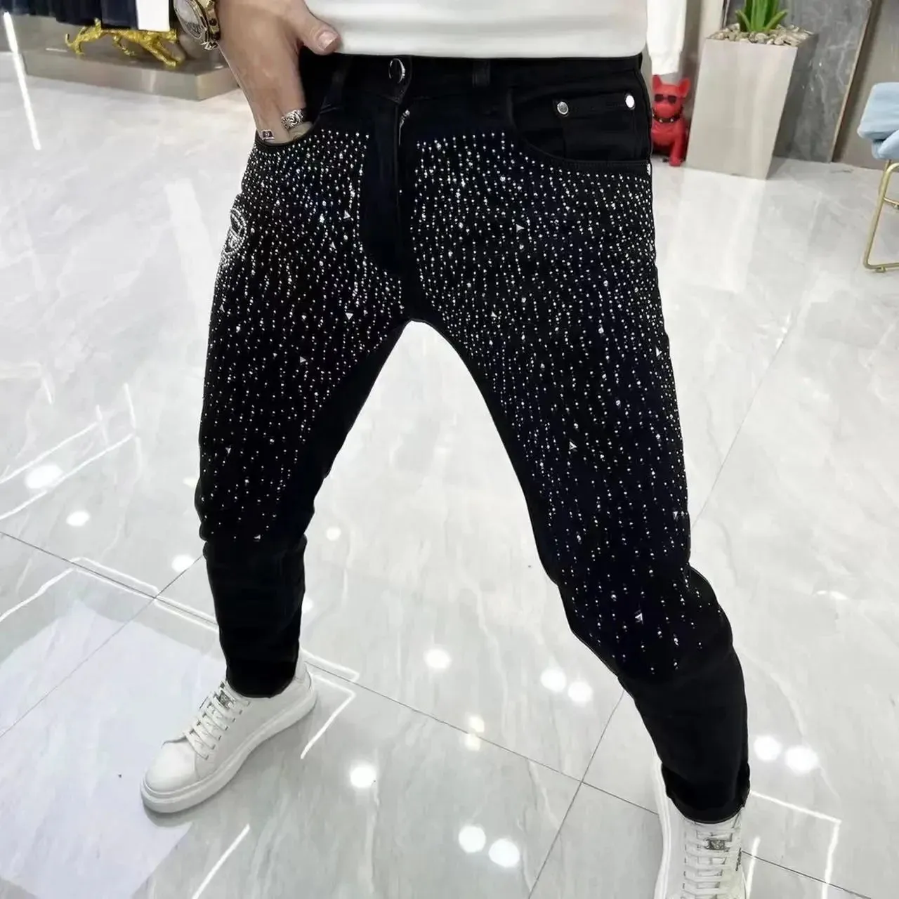 Solid Black Rhinestone Slim Fit Jeans