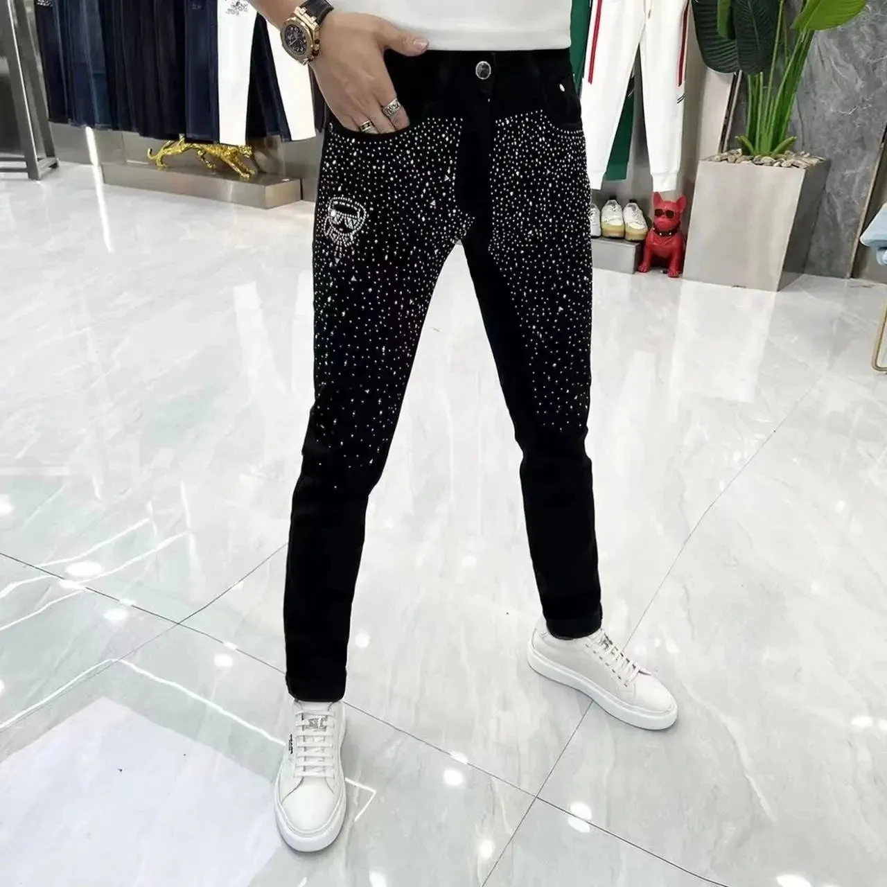 Solid Black Rhinestone Slim Fit Jeans