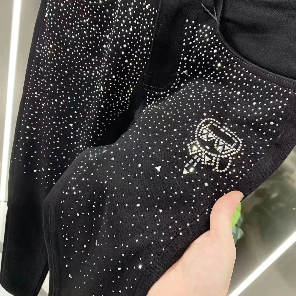 Solid Black Rhinestone Slim Fit Jeans