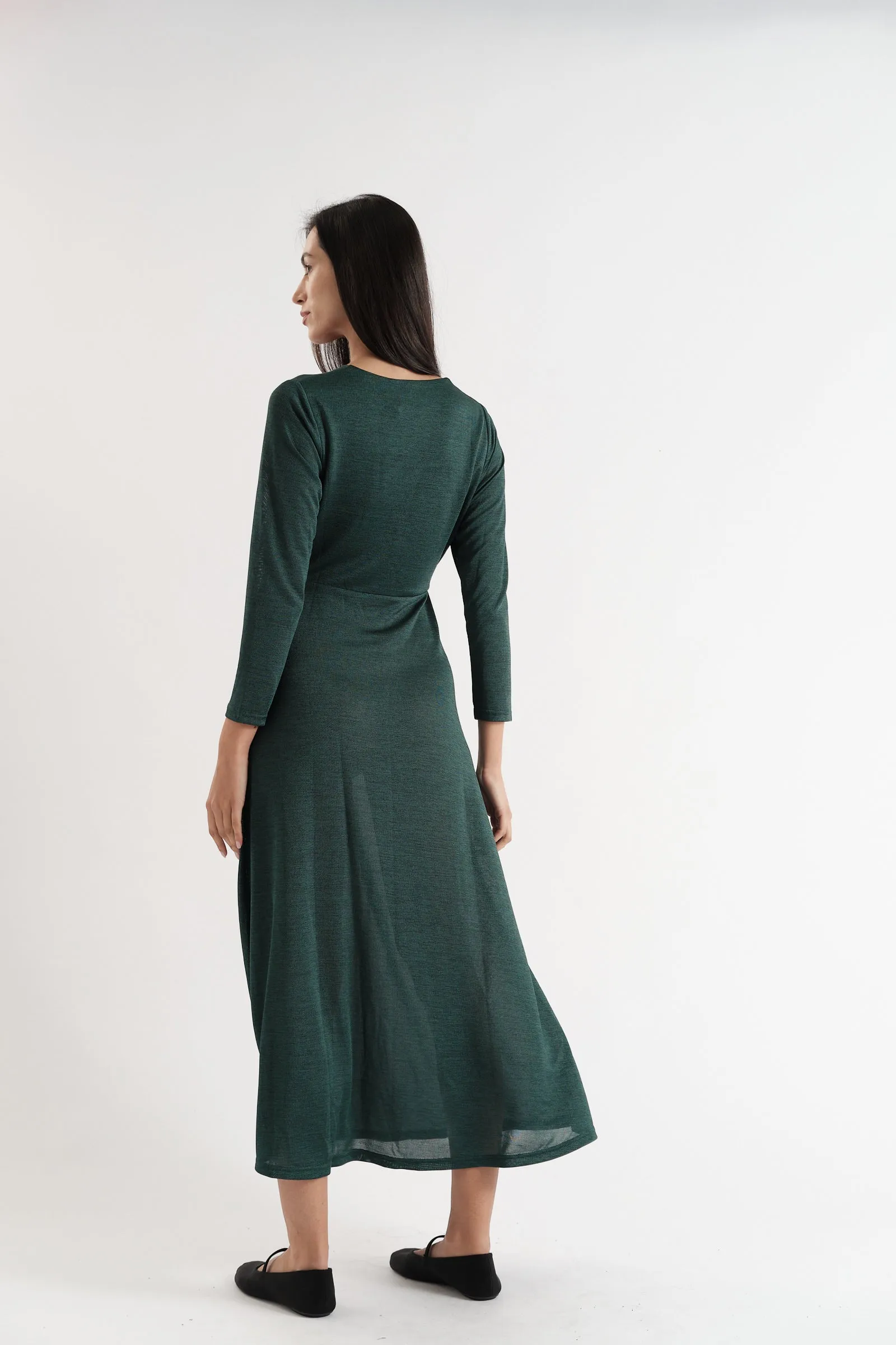 Sona Marl Faux Wrap Midi Dress in Green