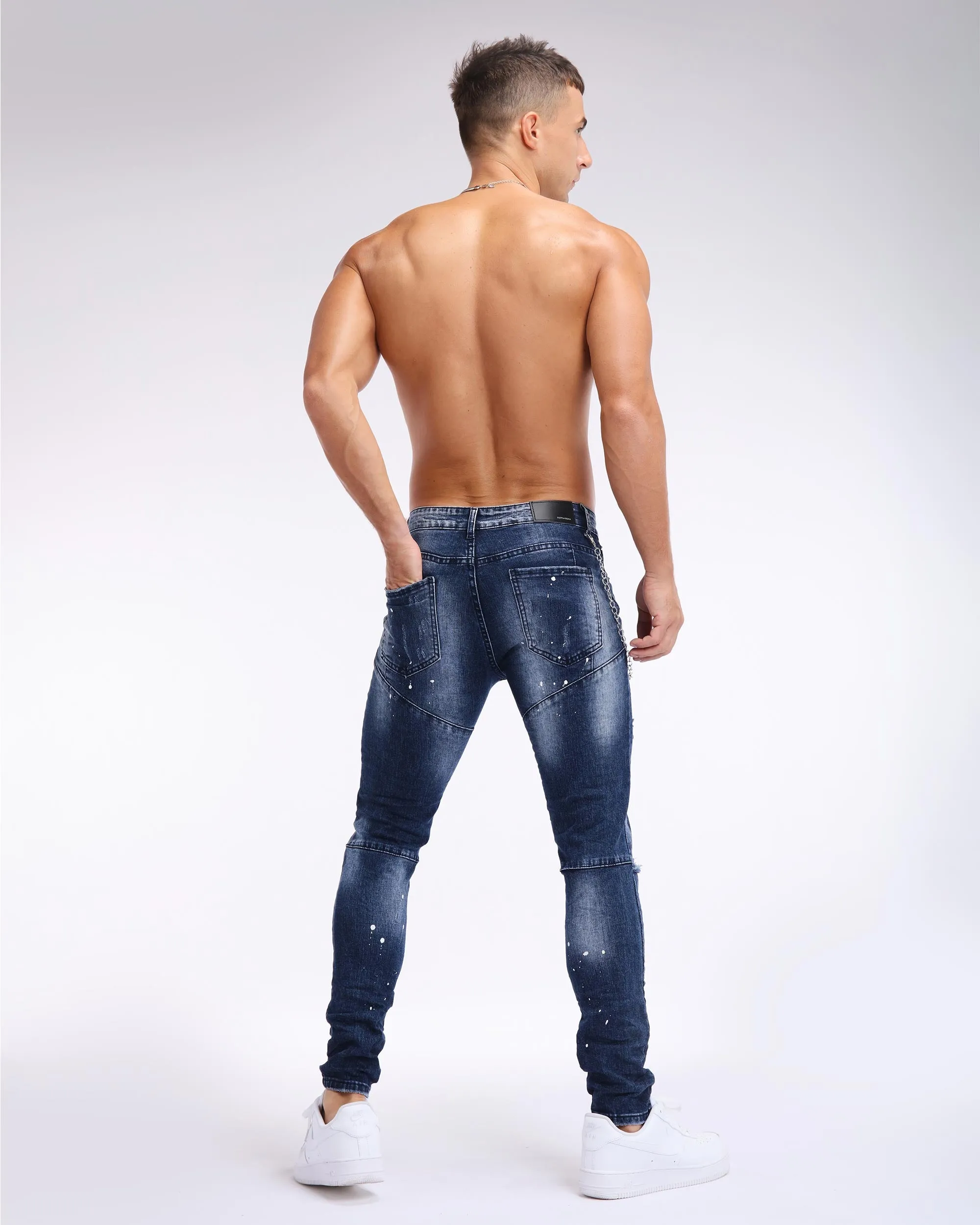 Spray Paint & Rectangular Patch Ripped Blue Jeans