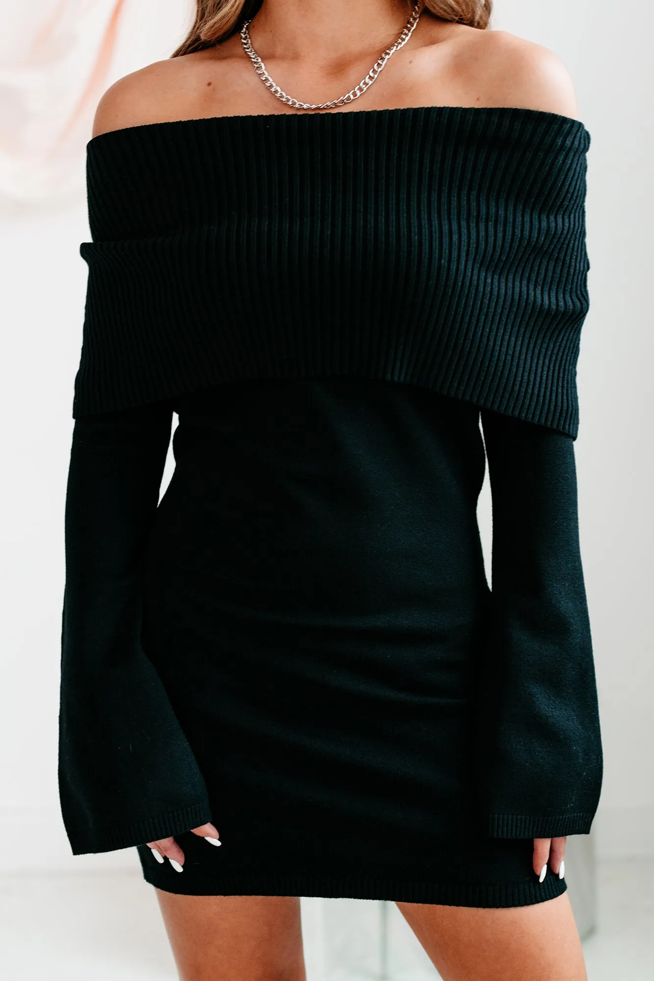 Tomorrow Night Off The Shoulder Sweater Dress (Black)