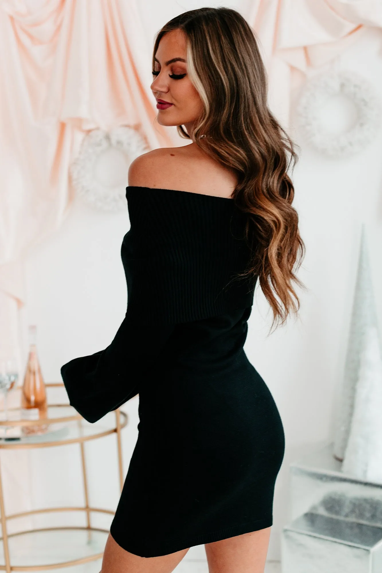 Tomorrow Night Off The Shoulder Sweater Dress (Black)