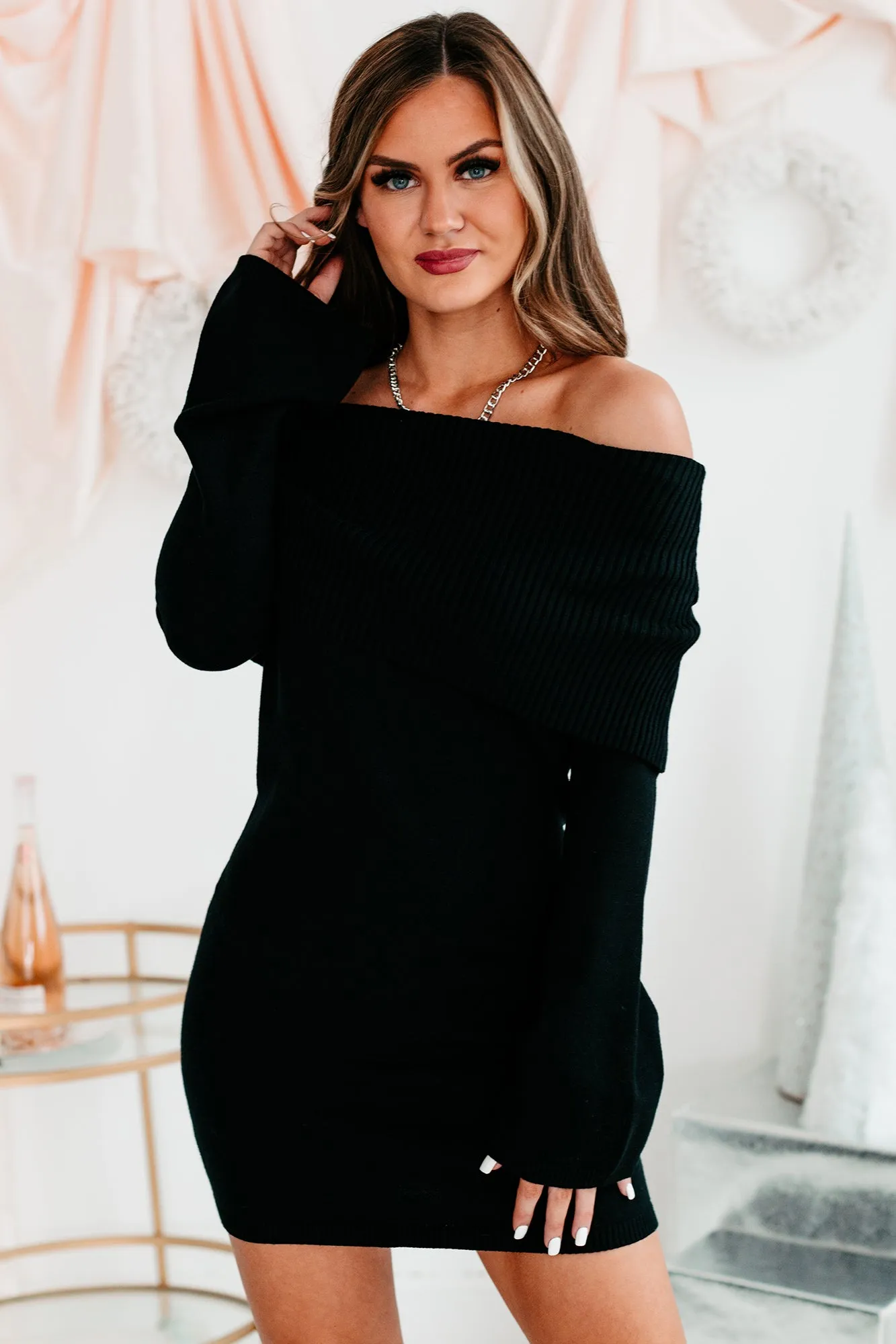 Tomorrow Night Off The Shoulder Sweater Dress (Black)