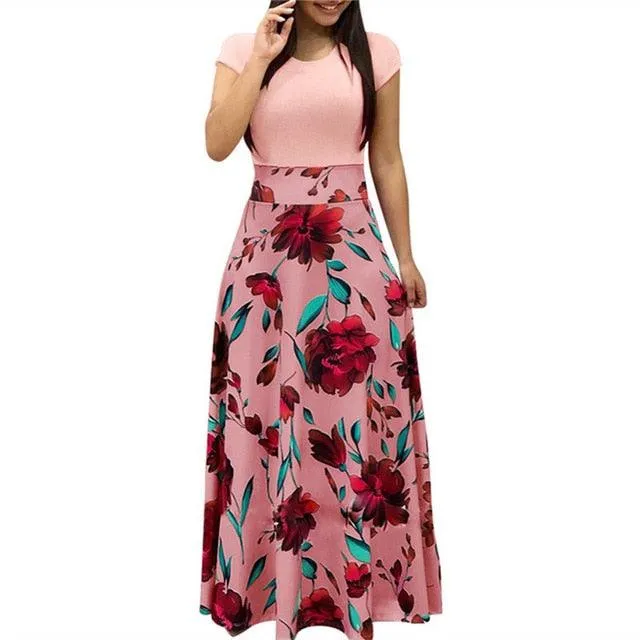 Vintage Floral Print Patchwork Long Dress