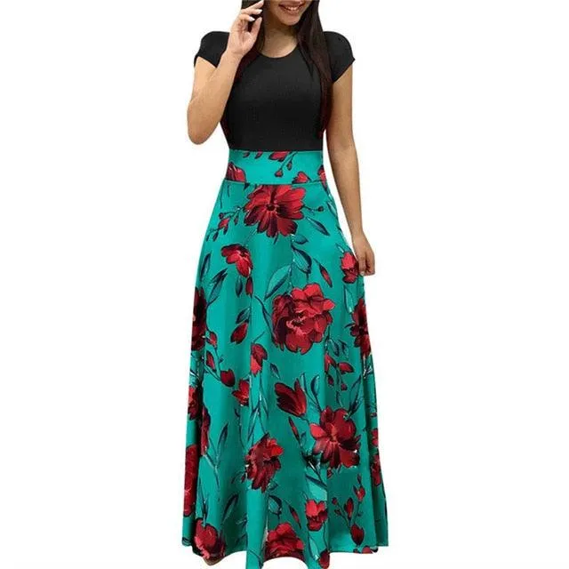 Vintage Floral Print Patchwork Long Dress