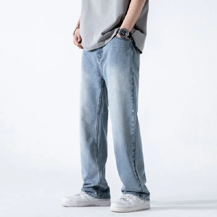 Vintage Jeans Men's Loose Straight Washed Wide Leg – Light Blue Denim Trousers