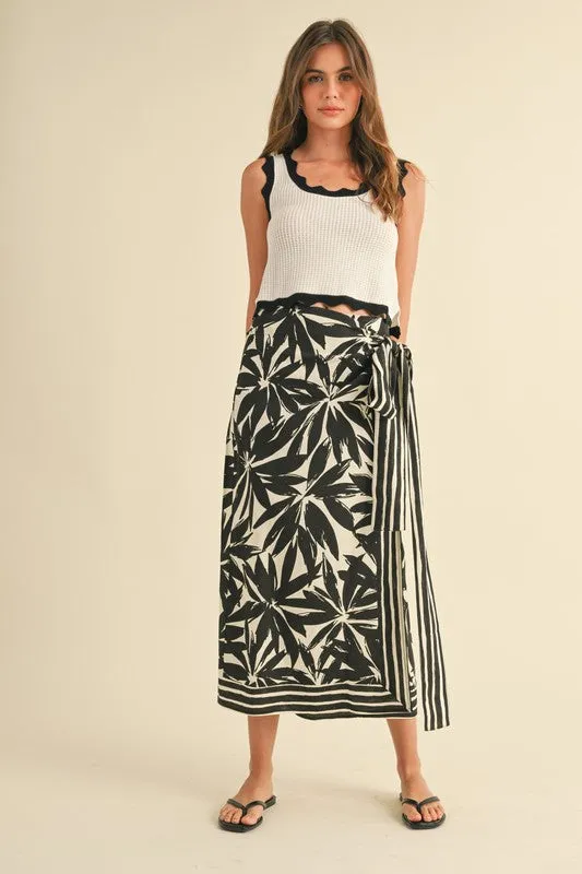 Waitlist 3/15 ♥ Isadora High Waist Floral Print Linen Wrap Midi Skirt Black
