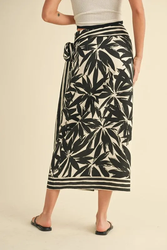 Waitlist 3/15 ♥ Isadora High Waist Floral Print Linen Wrap Midi Skirt Black