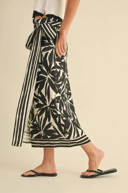 Waitlist 3/15 ♥ Isadora High Waist Floral Print Linen Wrap Midi Skirt Black