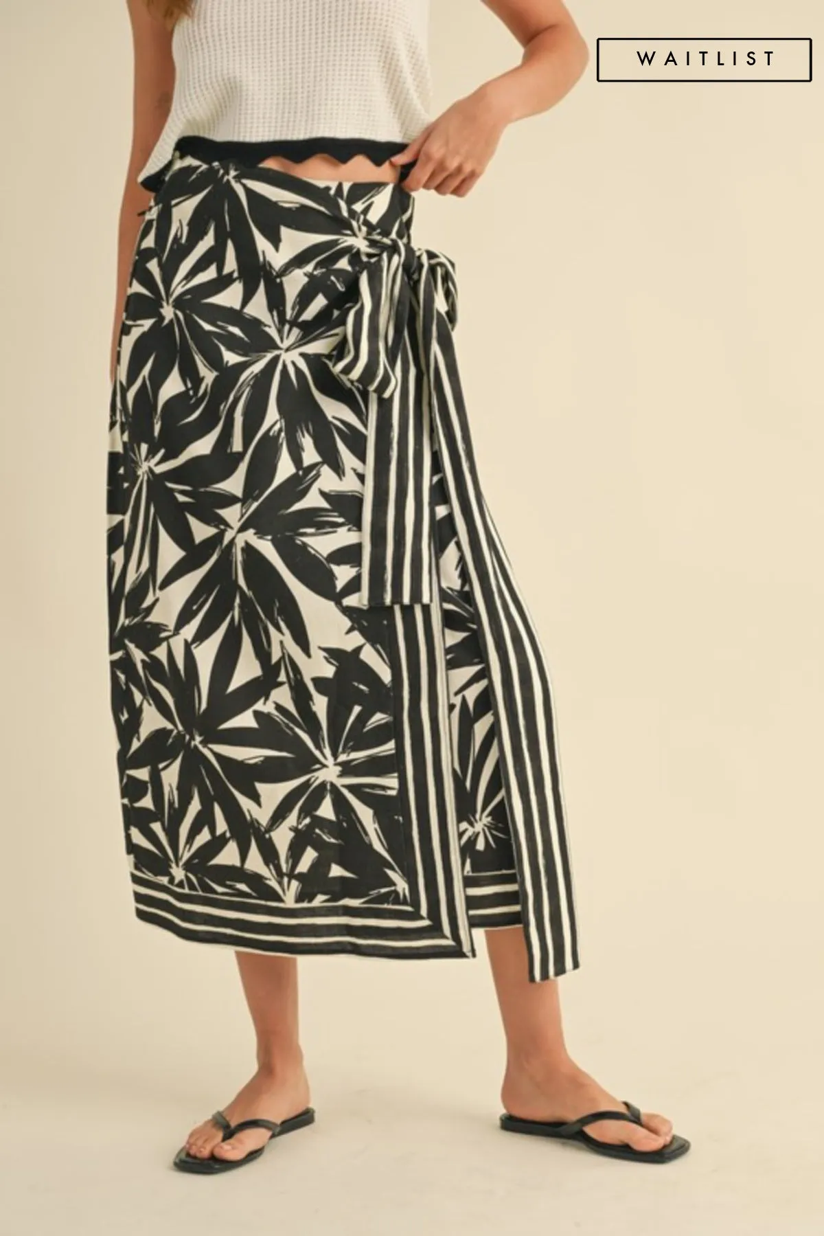 Waitlist 3/15 ♥ Isadora High Waist Floral Print Linen Wrap Midi Skirt Black
