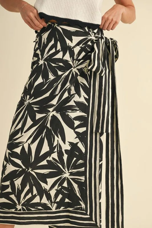 Waitlist 3/15 ♥ Isadora High Waist Floral Print Linen Wrap Midi Skirt Black