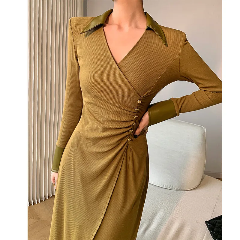 WANXO green v-neck shirt dress new waist and thin knitted slit bottoming skirt- Bella