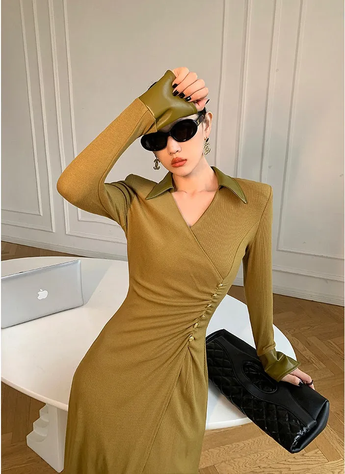 WANXO green v-neck shirt dress new waist and thin knitted slit bottoming skirt- Bella