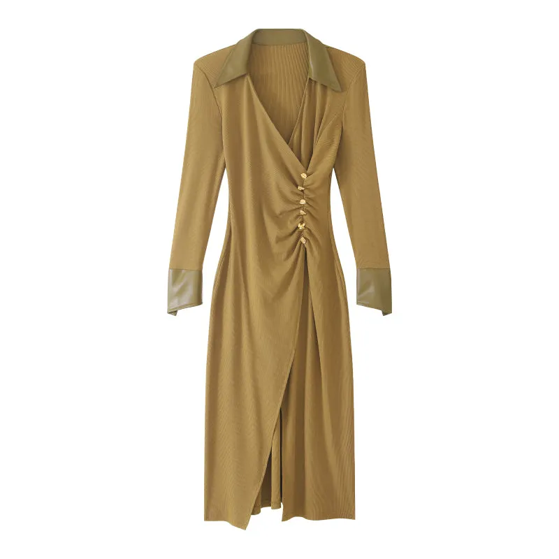 WANXO green v-neck shirt dress new waist and thin knitted slit bottoming skirt- Bella
