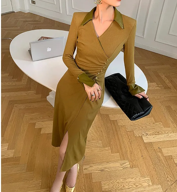 WANXO green v-neck shirt dress new waist and thin knitted slit bottoming skirt- Bella