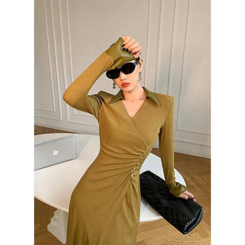 WANXO green v-neck shirt dress new waist and thin knitted slit bottoming skirt- Bella