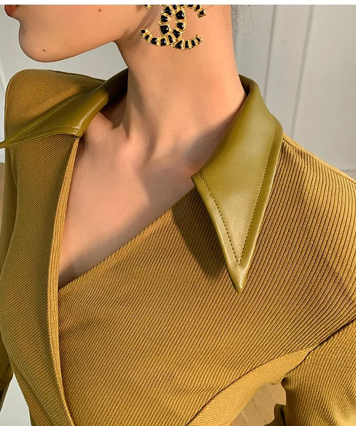 WANXO green v-neck shirt dress new waist and thin knitted slit bottoming skirt- Bella