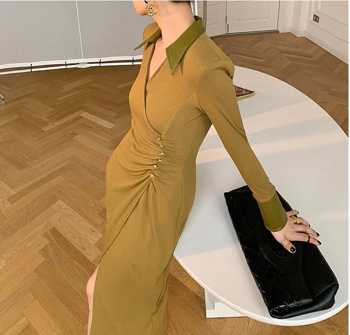 WANXO green v-neck shirt dress new waist and thin knitted slit bottoming skirt- Bella