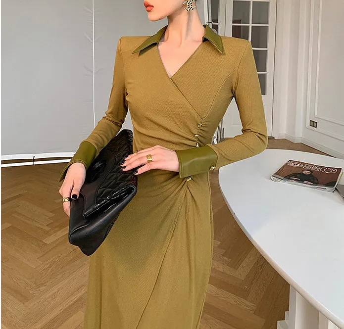 WANXO green v-neck shirt dress new waist and thin knitted slit bottoming skirt- Bella