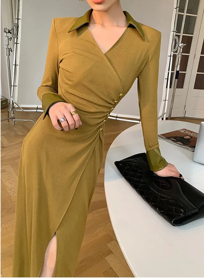 WANXO green v-neck shirt dress new waist and thin knitted slit bottoming skirt- Bella